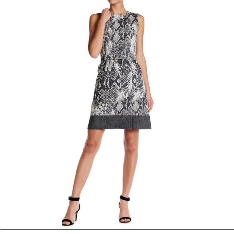 Hugo Boss Snakeskin A-Line Belted Jacquard Dress.